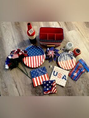 4th Of July Patriotic Picnic Lot Decor Plates, Napkins, Cutlery, Tin Basket,